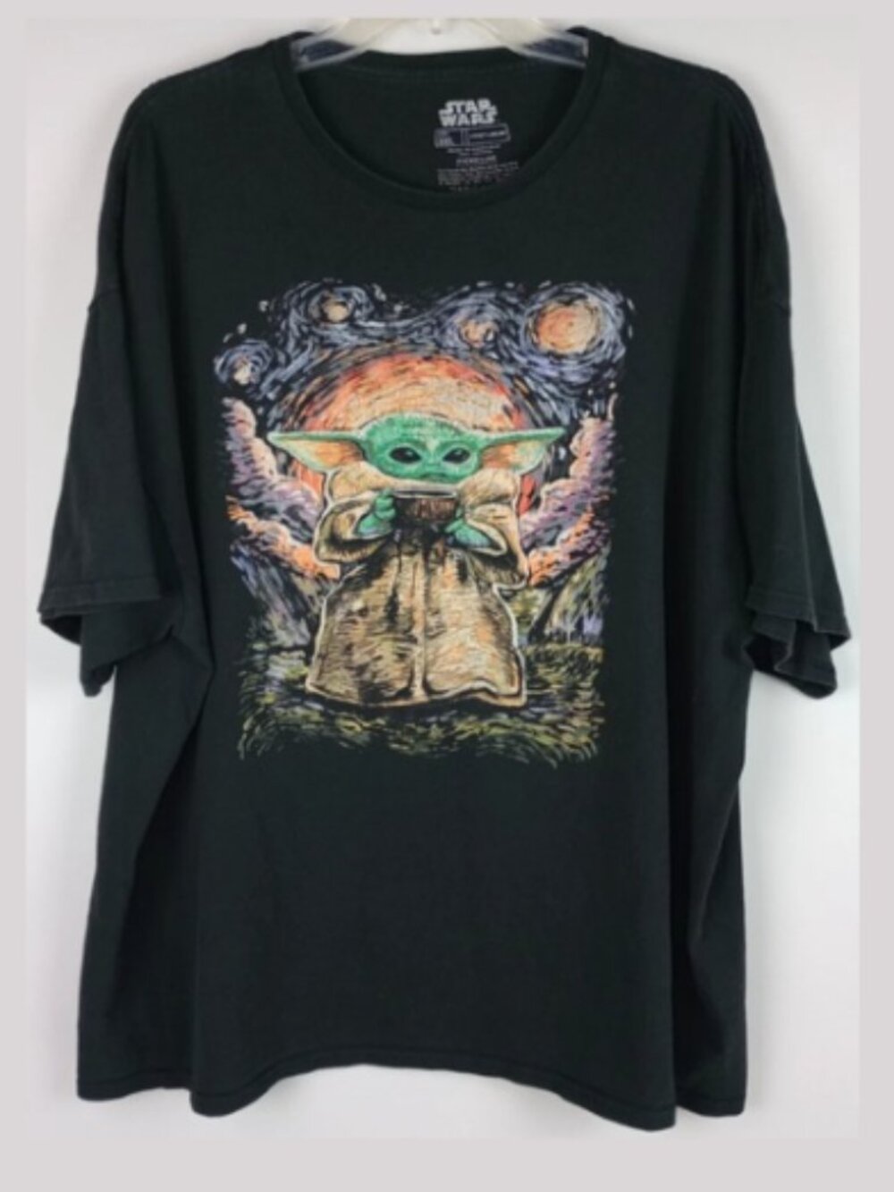Star Wars Mens 3XL Black Baby Yoda Grogu Van Gogh Paint Style Graphic Tshirt